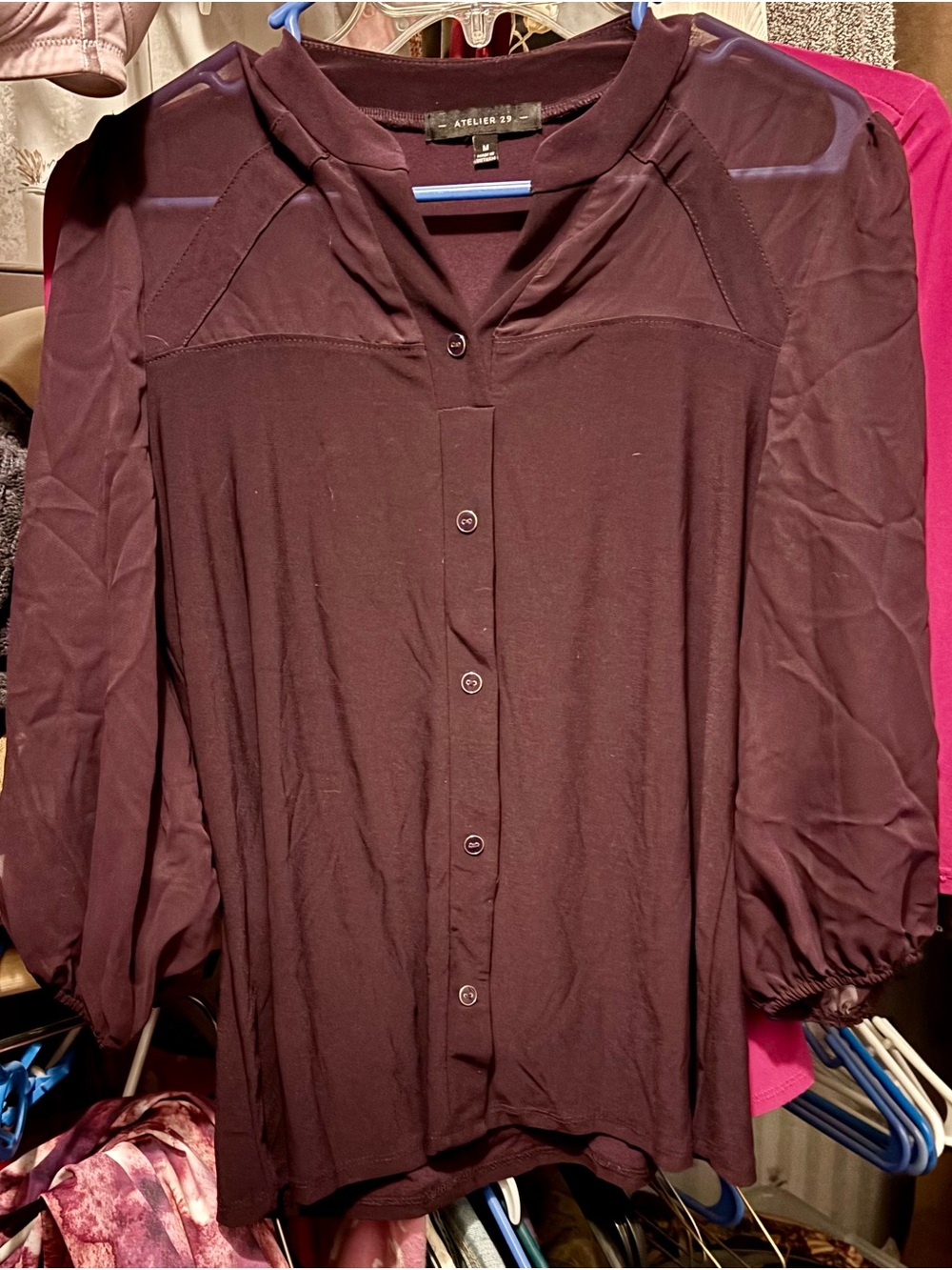 Atelier Sona Plum Button-Front Blouse — Relaxed Three-Quarter Sleeve